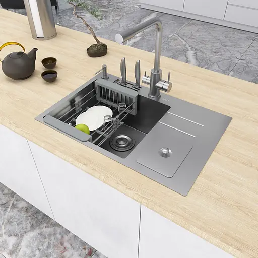 Кухонна мийка з нержавіючої сталі з вбудованим смітником Nett NSM-7047, Нержавіюча сталь - фото 4