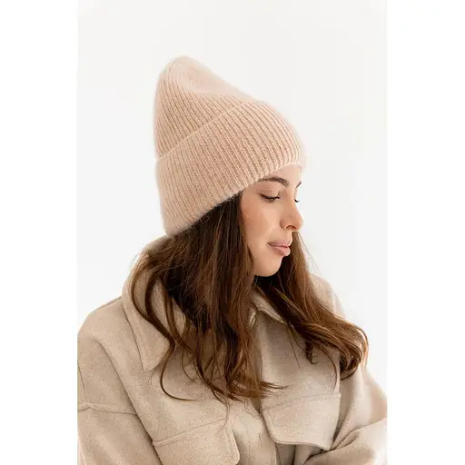 Женская вязаная шапка ангора 80% с орнаментом и флисовой подкладкой Бежевый - фото 1