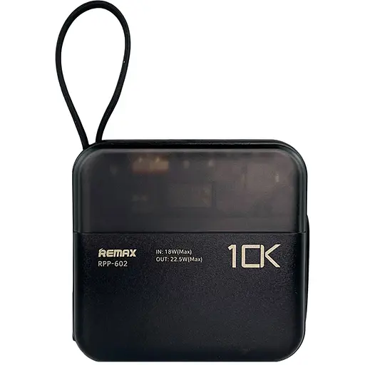 Павербанк Remax RPP-602 / 10000 мАг / до 22.5 Вт / USB-A, USB-C, Lightning / PD + QC / З кабелем / Чорний - фото 1