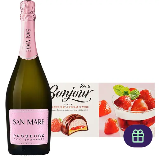 Набір: вино ігристе San Mare Prosecco DOC Spumante екстрасухе біле 11% 0.75 л + десерт Bonjour Konti смак полуниці з вершками 232 г - фото 1