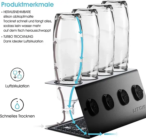 Сушарка для посуду з тримачем кришки Litchi чорний, набір із 4 шт. Тримач для пляшок підставка для бару - фото 3