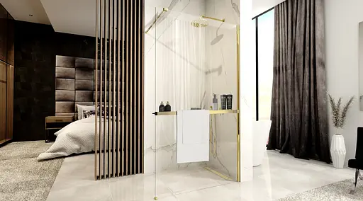 Душова стінка Rea Aero 100 gold з полицею Evo REA-K8440 + HOM-00653, прозорий, золотий - фото 4