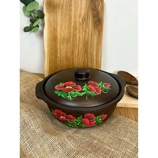 Котел с крышкой керамический (глиняный) резной Мак 3 л