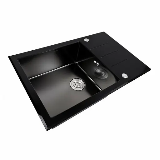 Кухонна мийка скляна CM 78x50 PVD Platinum Handmade чорна, Чорний - фото 4