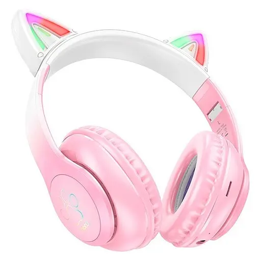 Беспроводные Bluetooth наушники Hoco Cat ears W42 с ушками и подсветкой розовый - фото 3