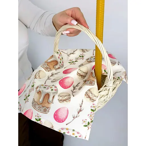 Комплект Великодній кошик Буковина (маленька) з рушником 40х30 см Паска (рожевий) і свічкою