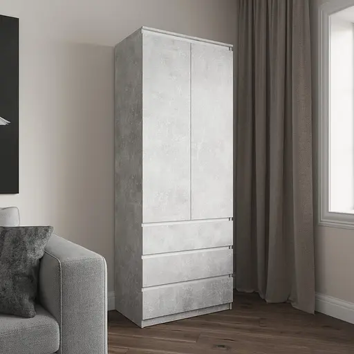 Шкаф для одежды Vays R-16 Бетон-Белые планки, 3 ящика, полки, без ручек, ЛДСП, 80×50×211 см – для спальни, гостиной, прихожей