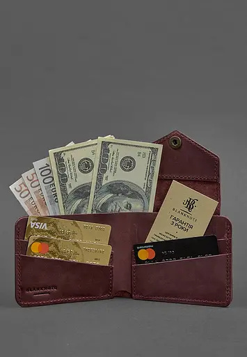 Кожаное портмоне 4.2 на кнопке бордовое Crazy Horse - фото 3