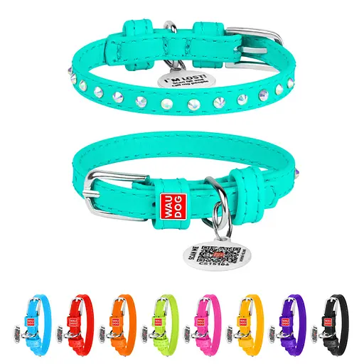 Ошейник для собак кожаный Waudog Glamour с QR-паспортом с клеевыми стразами Ш 9 мм Д 19-25 см ментоловый - фото 2