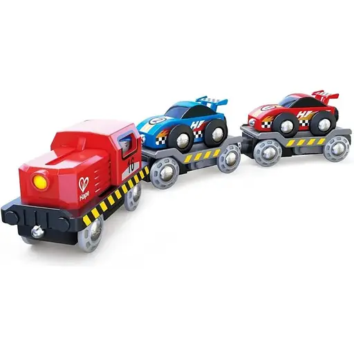 Набір для іграшкових залізниць Hape Поїзд транспортер для гоночних автомобілів E3735 - фото 1