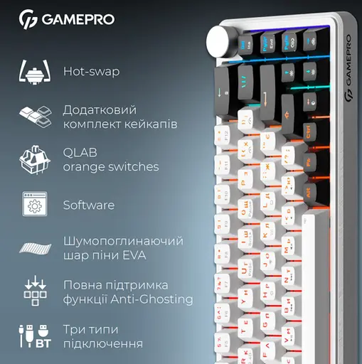 Клавиатура беспроводная игровая механическая GamePro MK-210-W Pro White-Black QLAB Orange Switches Hot-Swap - фото 2