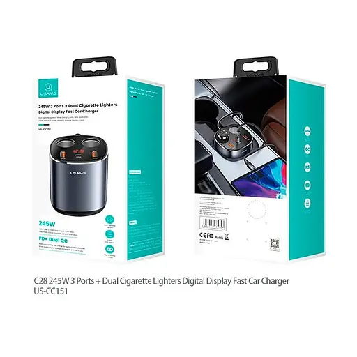 Автомобильный адаптер USAMS Dual Cigarette Lighters Digital Fast Car Charger C28 US-CC151 2USB/1Type-C, 245W/6A, PD/QC| - фото 2