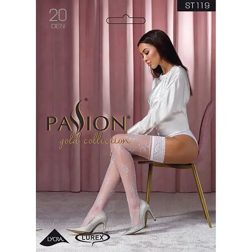 Чулки Passion ST119 белые на ажурной силиконовой резинке с цветочным декором и люрексовой нить 1/2 - фото 3