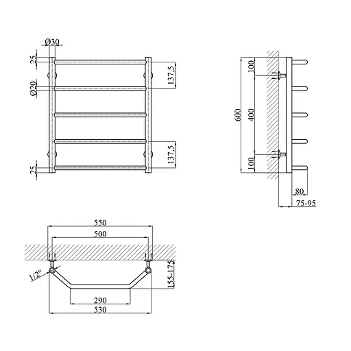 Рушникосушарка водяна Kroner Трапеція ДТ08 600x530/5 CV018526, Хром, нижнее - фото 2