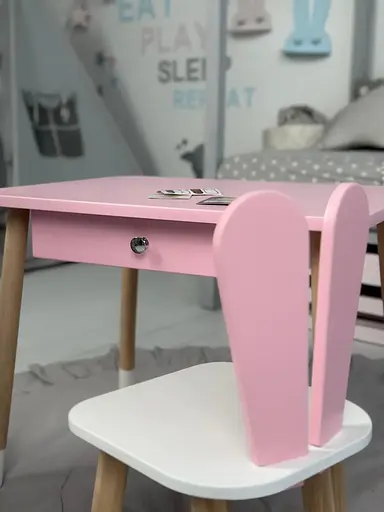 Дитячий столик зі стільцем Зайчик та ящиком для олівців та розмальовок (Рожевий) - фото 9