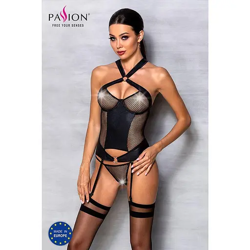Сітчастий комплект корсет з халтером знімні підв'язки та трусики Passion Amanda CorSet black L/XL - фото 3