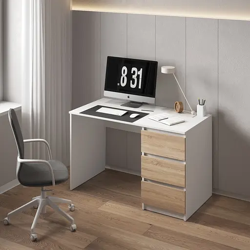 Компьютерный стол Vays, письменный, современный, с тумбой cправа, 3 ящика з фасадами без ручек R-1 Белый-Дуб Сонома фасад