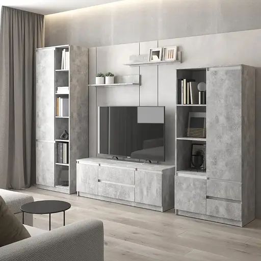 Комплект мебели в гостиную VAYS шкаф R-26, шкаф R-27, тумба R-28, полки М-22, бетон-белые планки