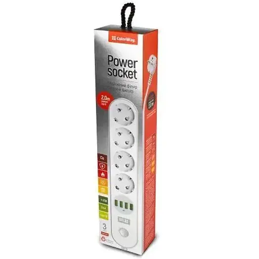 Фильтр сетевой ColorWay, 4 розетки, 2 м, белый, 4xUSB (3.4A), провод из меди (до 2500 Вт), 10A, защитные шторки (CW-CHE44W) - фото 1
