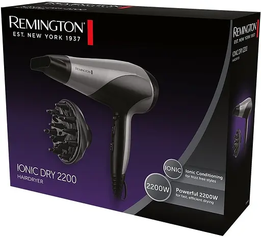 Фен Remington Ionic Dry, 2200Вт, 3 режими, дифузор, турмалінова іоніз-я, хол. обдув, сіро-чорний - фото 5