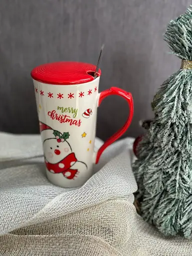 Новогодняя кружка Olens 102-1088-1 Биг-санта керамика с крышкой и ложкой 380 мл Красная - фото 5