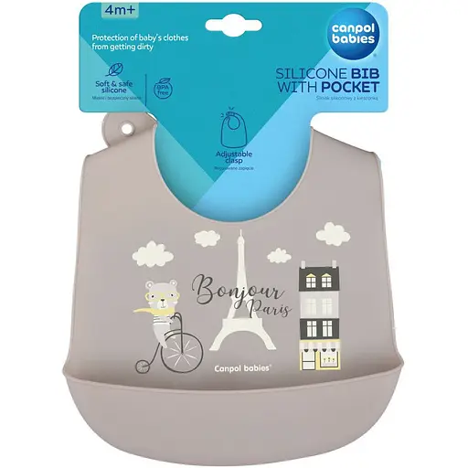 Слюнявчик Canpol babies Bonjour Paris силиконовый с карманчиком бежевый (74/027_bei) - фото 2