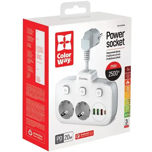 Фільтр мережевий СolorWay 0.025 м White 2xРозетки 220V 3xUSB 1xType-C 10 A до 2.5 кВт USB Auto ID QC3.0 PD (CW-CHE24PDW) - фото 4