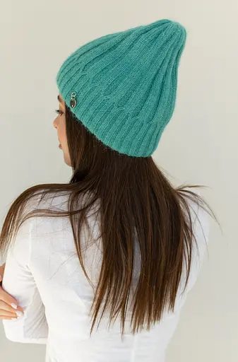 Теплая женская шапка Ангора Рейчел двухслойная с брошью Мятный - фото 3