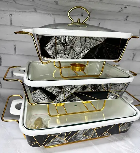 Набор из 3-х мармитов керамических прямоугольных Kitchen с крышками из стекла Витраж Золотой - фото 4