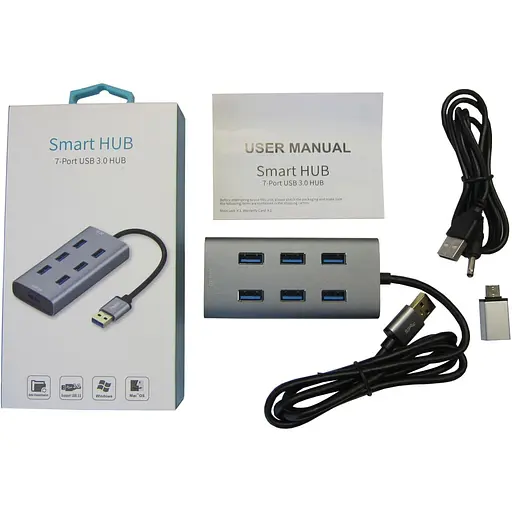 USB-Хаб Maiwo USB 3.0 Type-A / Type-C to 7х USB3.0-порта, кабель 100 см, метал, без БП, серебристий (KH700) - фото 3