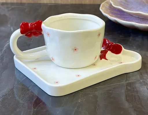 Чашка с блюдцем Olens Красные банты керамическая 220 мл 8030-438 Белый - фото 5