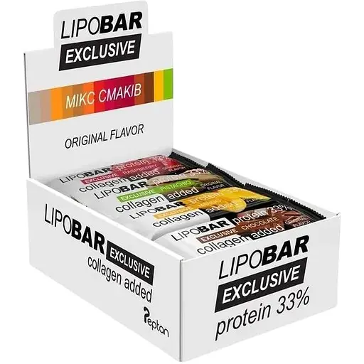 Блок батончиків LipoBar Exclusive Protein Bar MIX №1, 20*50 грам збагачений біоактивним колагеном Peptan