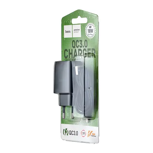 Мережевий зарядний пристрій Hoco C72Q Glorious single port QC3.0 charger ( EU ) ( With Micro USB Cable ) Чорний - фото 2