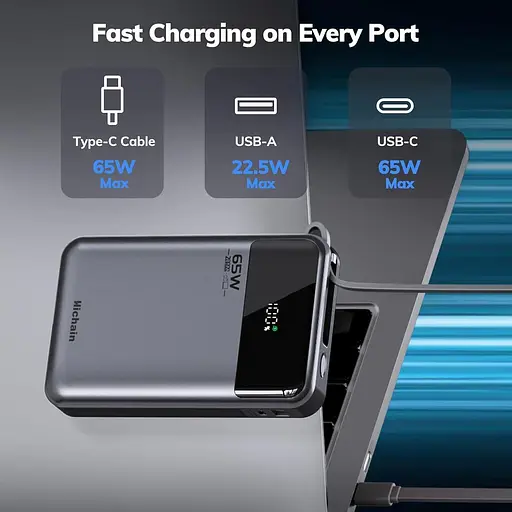 Портативний зарядний пристрій для ноутбука Hichain Power Bank 65 Вт 20000 мА·год із вбудованим кабелем USB-C, 3-портовий - фото 2