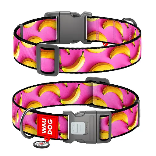 Ошейник для собак нейлоновый Waudog Nylon с QR-паспортом "Бананы на розовом" пластиковый фастекс XXL Ш 35 мм Дов.
