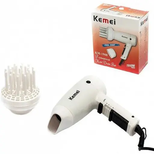 Потужний якісний маленький фен для сушіння укладання волосся Kemei 1908 дорожній фен - фото 1