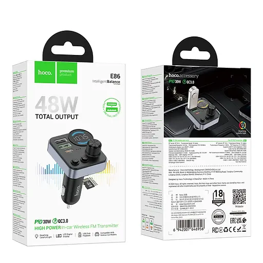 АЗП з FM-модулятором HOCO E86 Alegria 48W dual port PD30W+QC3.0 car BT FM transmitter Black - фото 2