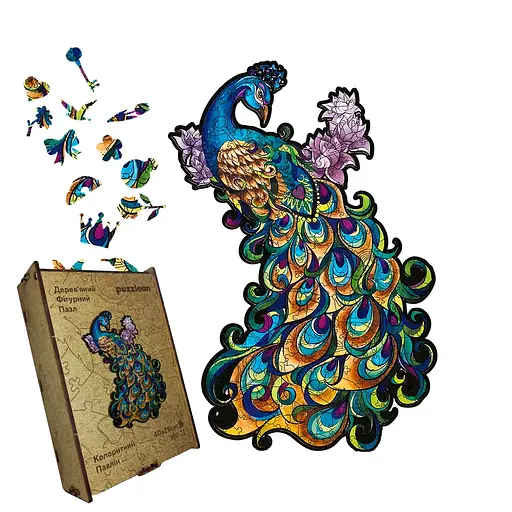 Пазл деревянный Цветной Павлин, А4, Деревянная коробка 100 элементов