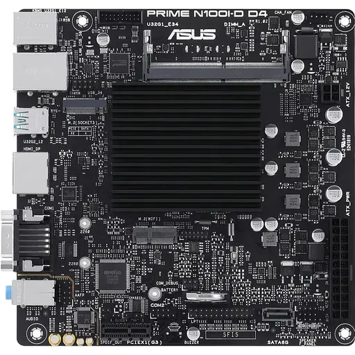 Материнская плата Asus Prime с процессором N100I-D D4-CSM, N100 (4x3.4 GHz), 1xDDR4 SO-DIMM (Max. 16Gb), UHD Graphics, 1xSATA2, 1xM. 2, 1xPCI-E 3.0 x1, 8x RTL8111G, 6xUSB3.2/4xUSB2.0, VGA/HDMI/DP, Mini-ITX