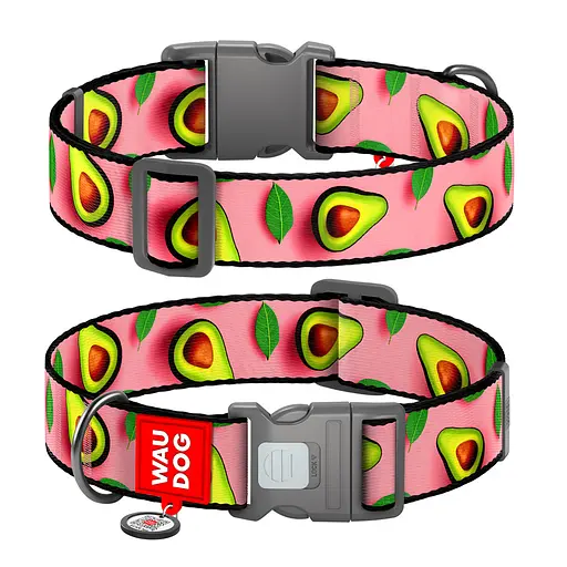 Ошейник для собак нейлоновый Waudog Nylon с QR-паспортом "Авокадо на розовом" пластиковый фастекс XXL Ш 35 мм