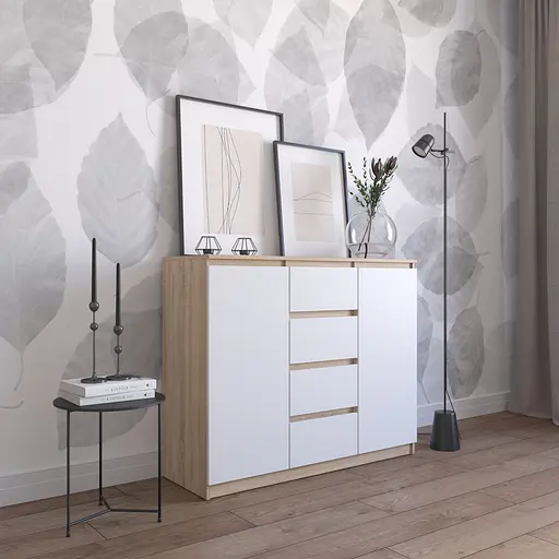 Комод Vays R-11 Дуб Сонома-Білий фасад, 4 шухляди та 2 відділення з полицями, без ручок, ЛДСП, 120×40×98 см - для спальні, вітальні, передпокою