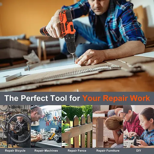 Набір акумуляторних свердлів COOWARE, електричний дриль 12 В, 1 батарея, 3/8-дюймовий безключовий свердло, 0-450 та 0-1500 об/хв - фото 3