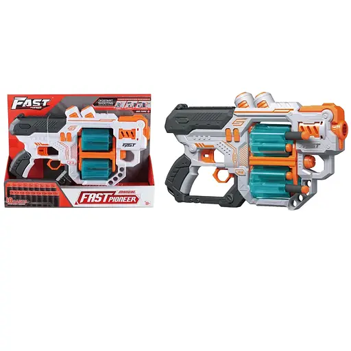 Игрушечный детский пистолет мех. с двойным барабаном и мягким. патронами (18 шт.) (белый)(31,5 х 18,5см) - фото 1