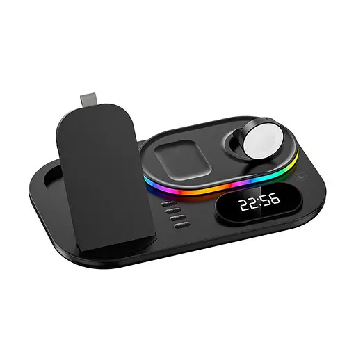 Зарядка Qi 4in1 wireless charger RGB/Clock XYJ A06 сумарно 30 W для Phone/Watch/Earphones - фото 2