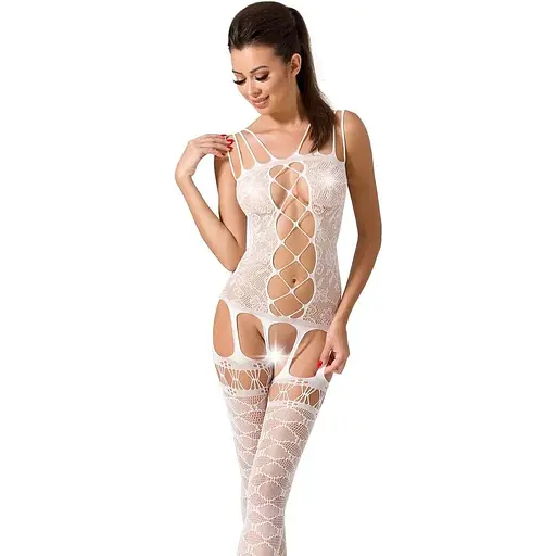 Бодистокинг Passion BS054 комбинезон имитация чулок открытый животик S/M/L white