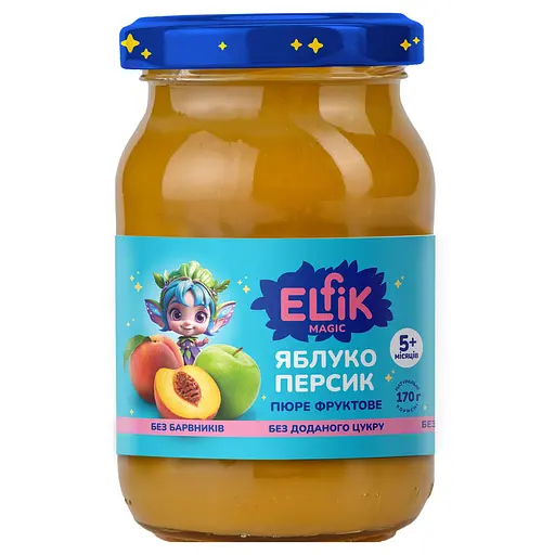 Уцінка. Набір пюре фруктове Elfik Magic Яблуко-персик склобанка 1020 г (6 шт. х 170 г)