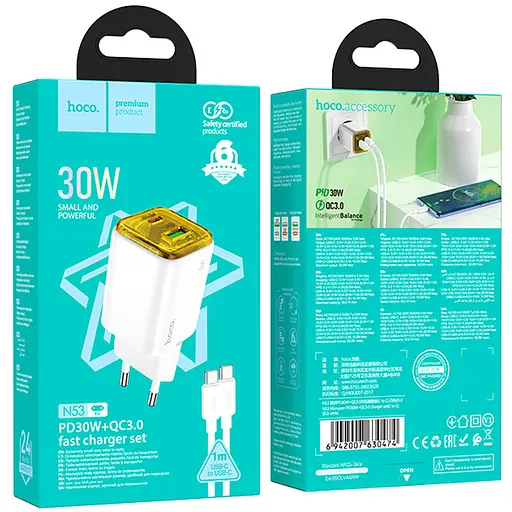 МЗП Hoco N53 Monsoon PD30W+QC3.0 (1USB-A/1C) + Type-C to Type-C White - фото 4