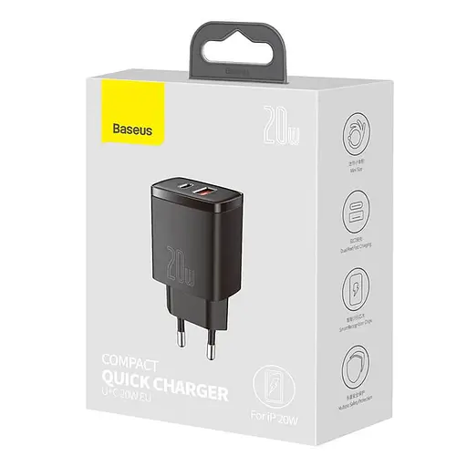 Адаптер сетевой BASEUS Compact Quick Charger 1USB/1TYPE-C, QC/PD, 20W, 3A| (CCXJ-B02) - фото 2