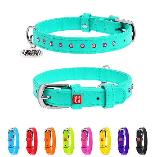 Ошейник для собак кожаный Waudog Glamour с QR-паспортом с клеевыми стразами Ш 15 мм Д 27-36 см ментоловый - фото 2