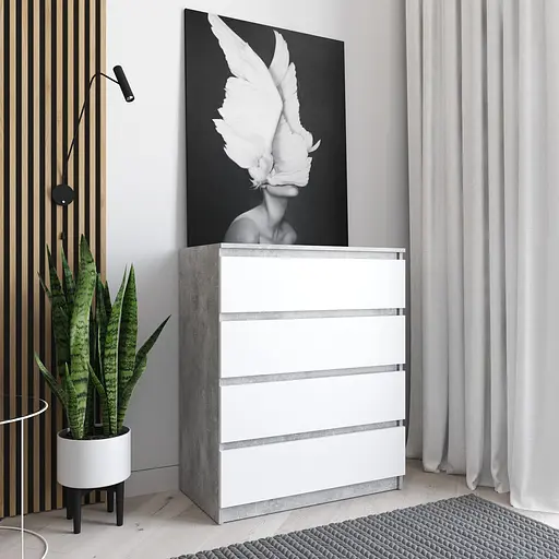 Комод Vays R-4 Бетон-Белый фасад, на 4 ящика без ручек, ЛДСП 80×40×98 см - для дома, офиса, гостиной, спальни